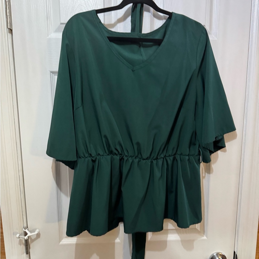 SHEIN Dark Green V-Neck Peplum Blouse